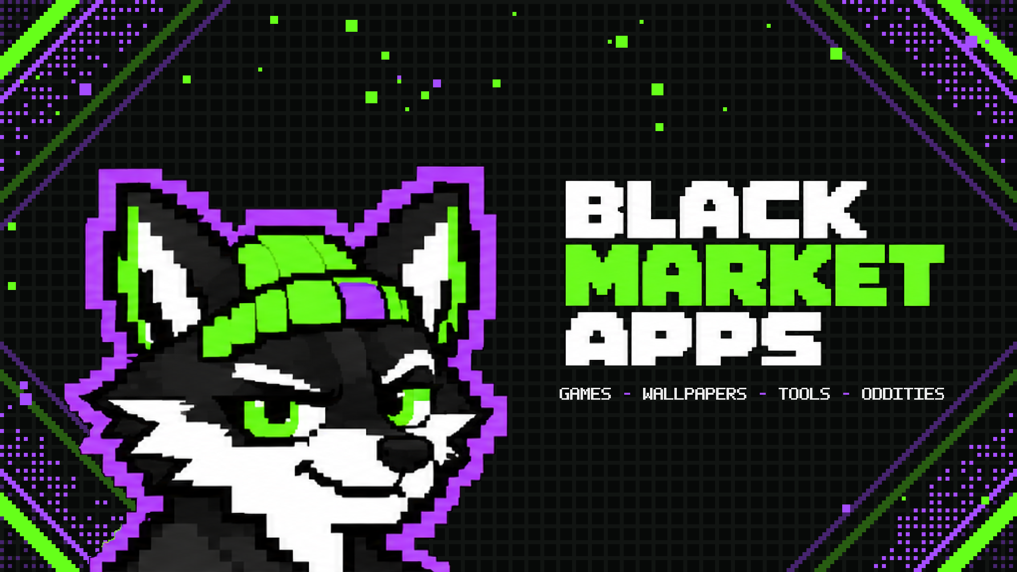 Pixel-art fox in a green beanie beside the Black Market Apps wordmark