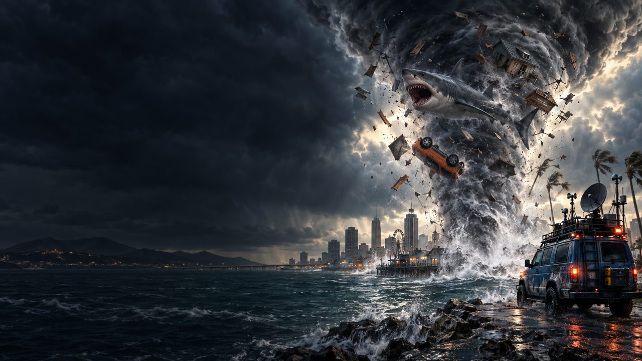 A tornado tearing debris from a coastal city